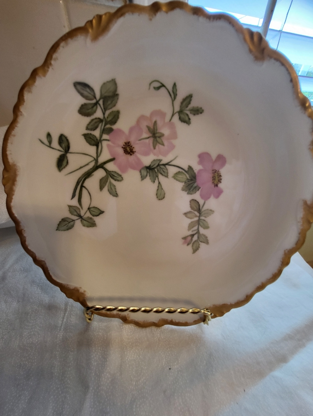 France Stamped Scalloped 8 IN. Porcelain Floral Decorative Plate with Gold Rim